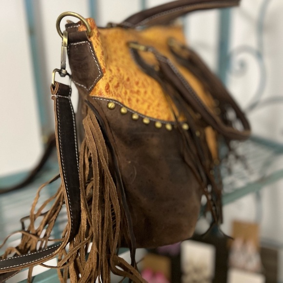 New Orange Western Genuine Ostrich Embossed Leather Rustic bag fringe crossbody - Picture 12 of 14